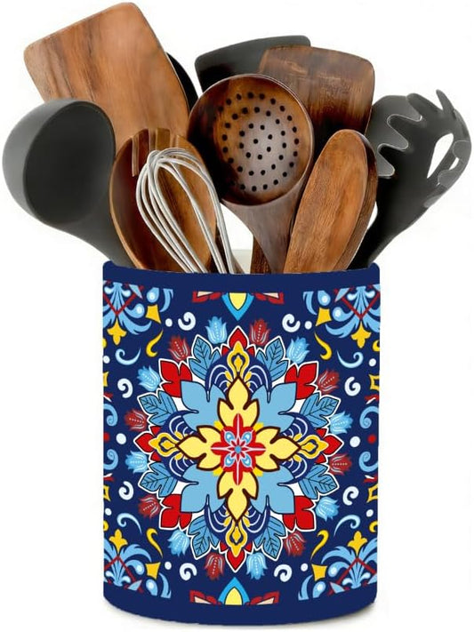 FYSUIMU Bohemian Mandala Ceramic Utensil Holder Rustic Colorful Floral Utensil Crock Cooking Tool Storage Organizer Container for Home Kitchen Countertop Decor