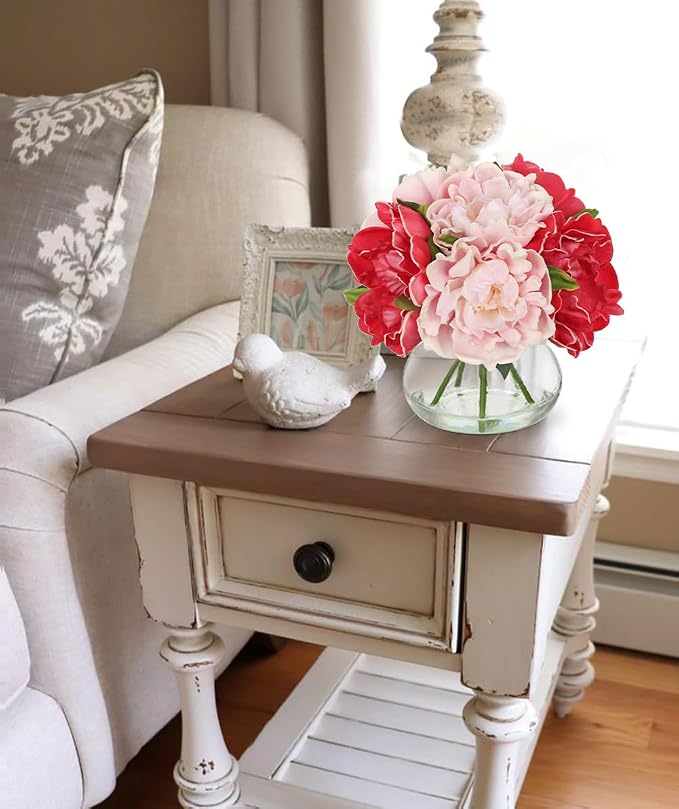 Hollyone Peonies Artificial Flowers with Vase Hot Pink Faux Flowers Peony Fake Flowers Silk Flower Arrangements in Glass Vase with Faux Water for Home Decor Bathroom Table Centerpiece Decorations
