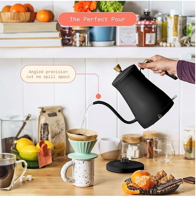 Beautiful Electric Gooseneck Kettle, 1 Liter, 1200W, Stainless Steel Interior, Fast Boil, Precision Pour Spout, Auto Shut-Off & Boil-Dry Protection (Black)