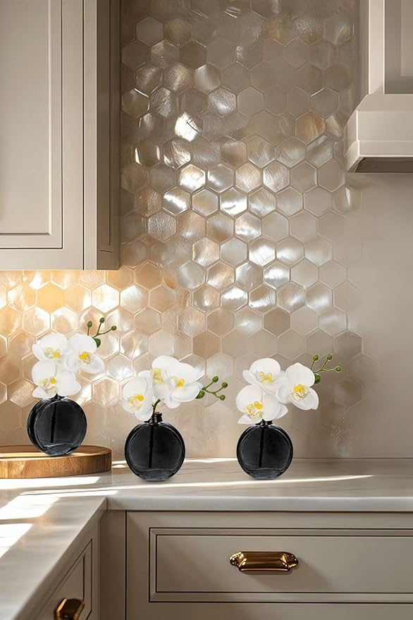 Oairse White Orchids Artificial Flowers Faux Orchids Arrangement in Black Glass Vases Set of 3 Real Touch Phalaenopsis Orchid Flowers Small Fake Orchid Centerpiece for Dining Room Table
