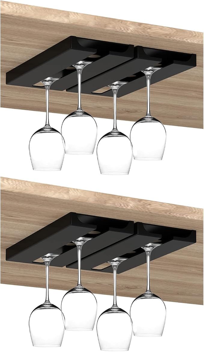 4 PCS Under Cabinet Punch-free Plastic Wine Glass Holder,No Drilling Stemware Rack Glasses Storage Hanger Hanging Stemware Rack for Bar Cabinet Kitchen,Black