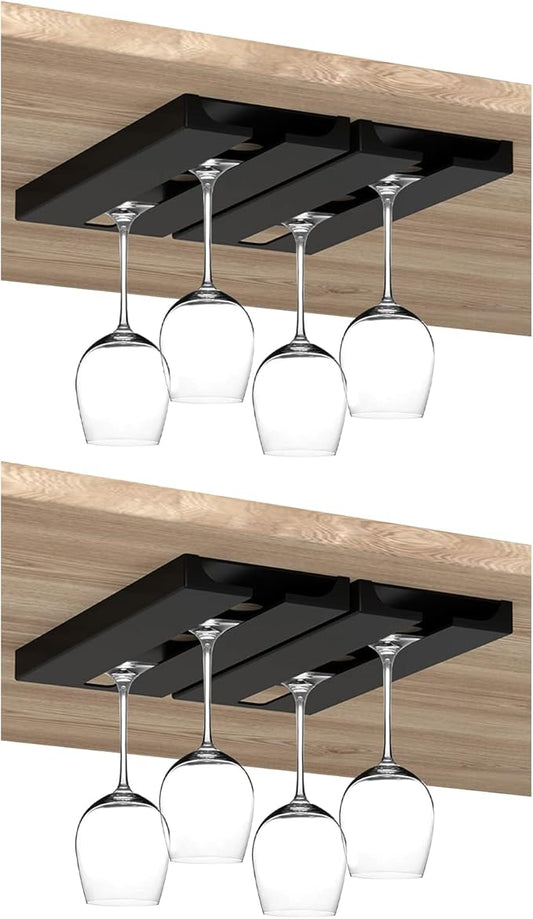 4 PCS Under Cabinet Punch-free Plastic Wine Glass Holder,No Drilling Stemware Rack Glasses Storage Hanger Hanging Stemware Rack for Bar Cabinet Kitchen,Black