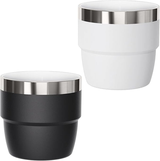 4 oz Small Espresso Cup, Ceramic-Lined 18/8 Stainless Steel, Double-Wall Vacuum Insulated, Stackable, Dishwasher Safe, Fits Most Espresso Machines, for Espresso Shots (Black & White, 2 Pack)