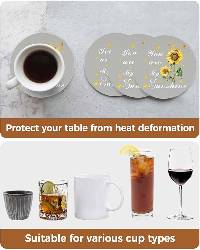 Coasters Set of 4 Sunflowers Drink Coasters with Holder Absorbent Stone Ceramic Cup Mat Grey Butterfly You are My Sunshine Coaster for Drinks Coffee Bar Office Kitchen Cafe Home Decor