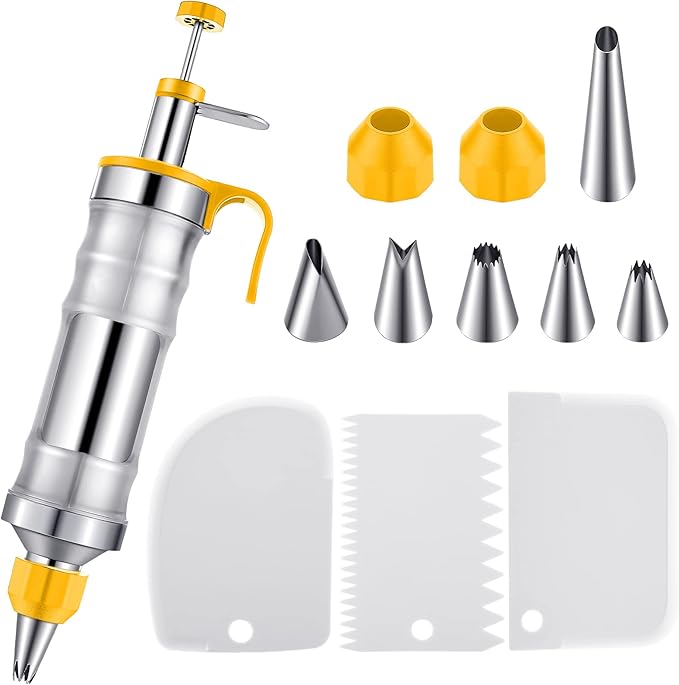 Patelai Cake Decorating Syringe Set, Stainless Steels Dessert Frosting Piping Kit with 6 Icing Piping Tips 3 Cream Scraper for Cupcake Decorating Tools(Yellow, White)