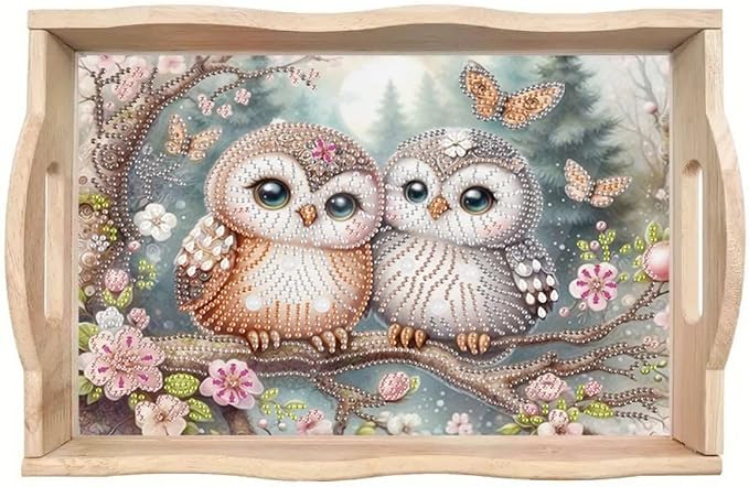 DIY Diamond Serving Tray Rectangular Breakfast Tray with Handle Handmade Diamond Art Painting Wooden Tray for Dinner Plate Coffee Room Living Home Organizer-Owl02