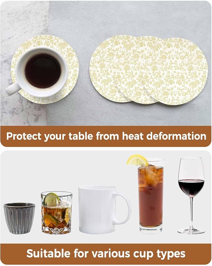 Drink Coasters Yellow Pastoral Flower Absorbent Stone Ceramic Coaster with Cork Back and NO Holder for Cups, Set of 4-Piece Farmhouse Floral Coasters for Drinks