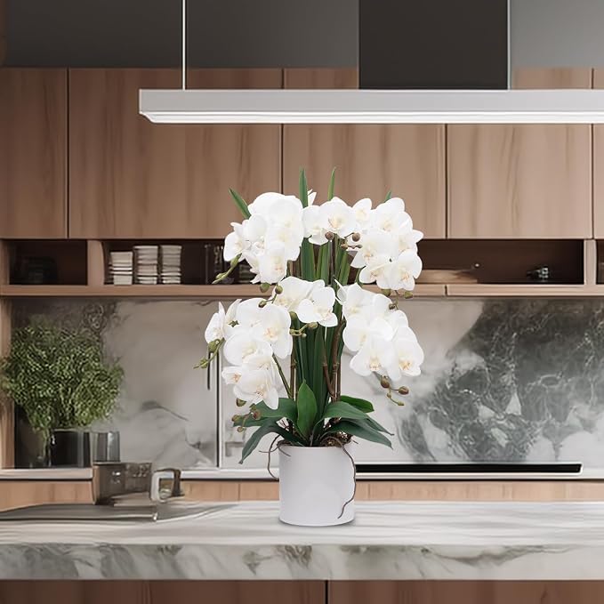 CXGS Artificial Orchid Flower Plants Real Touch Faux Orchids in Ceramic Vase 20.9'' White Phalaenopsis Orchid Fake Flower Arrangement Home Indoor Decor