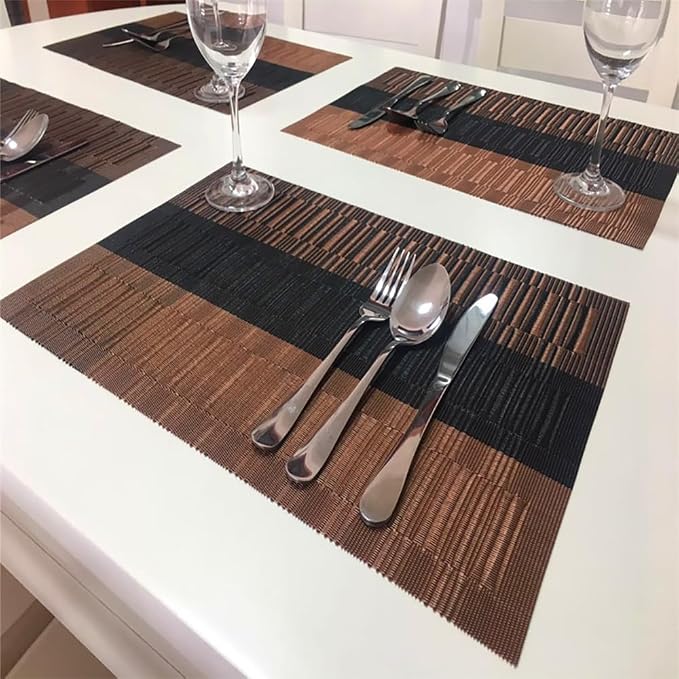 PIGCHCY Placemats,Washable Vinyl Woven Table Mats,Elegant Durable Placemats for Dining Table Set of 6 (Bamboo-Brown)