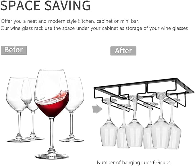 Hanging Stemware Holder - Wine Glass Hanger Rack Under Cabinet Stemware Wine Glass Holder Storage Hanger for Bar Kitchen Cabinet (3 Rows 1 Pack)