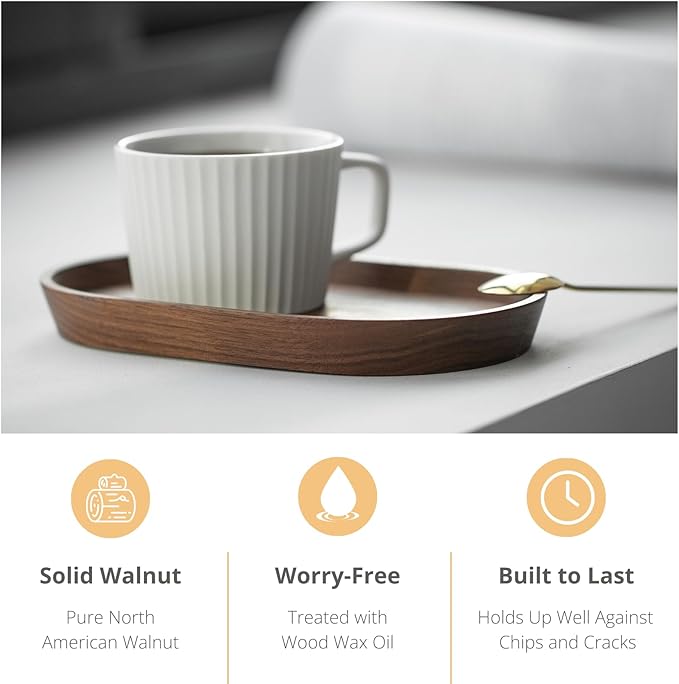Vandroop Wooden Mini Serving Tray for Parties, Tea&Coffee Table Tray, Small Oval Wood Plate for Fruit&Snacks, Decorative Tray for Jewellery Key Coin, Tray for Bathroom (Walnut, 7.8”×4.66”)