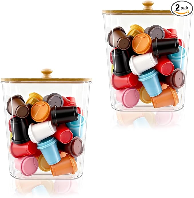 2 Pack Clear Coffee Pod Holder With Bamboo Lids Plastic K Cup Organizer Large Capacity With Wooden Base For Kitchen Countertop, Cafe Bar Organizer, Office Desktop