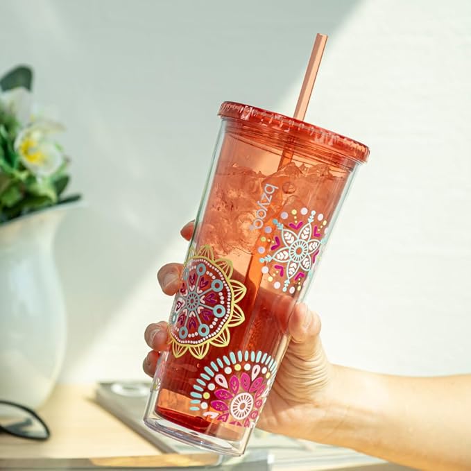 bzyoo SIP 24oz (710ml) Double Wall Plastic Tumbler with Lid and Straw Cold Drink Travel Mug Reusable Party Cup Perfect for Ice Coffee, Tea Office Poolside Parties Gifts Color: Medallion Orange