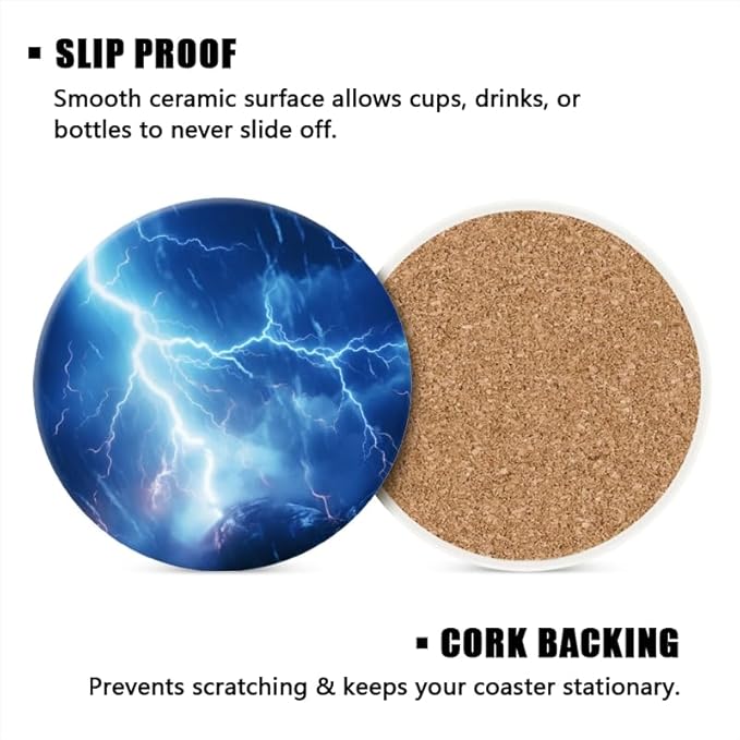 Ceramic Stone Cork Coasters for Drinks Tableware, Dark Blue Sky with Lightning Striking Earth Round Absorbent Durable Aesthetic Art Cup Mat Protects Tables and Surfaces Set of 1 (4 * 4 Inch)