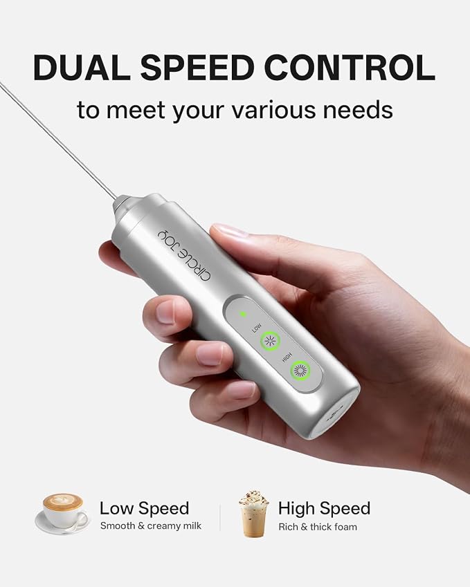 CIRCLE JOY Rechargeable 2-Speed Handheld Milk Frother with Stand, Dual Spring Whisk Electric Foamer, Portable & Detachable Coffee Frother Wand, Drink Mixer for Lattes, Macchiato, Hot Chocolate, Silver
