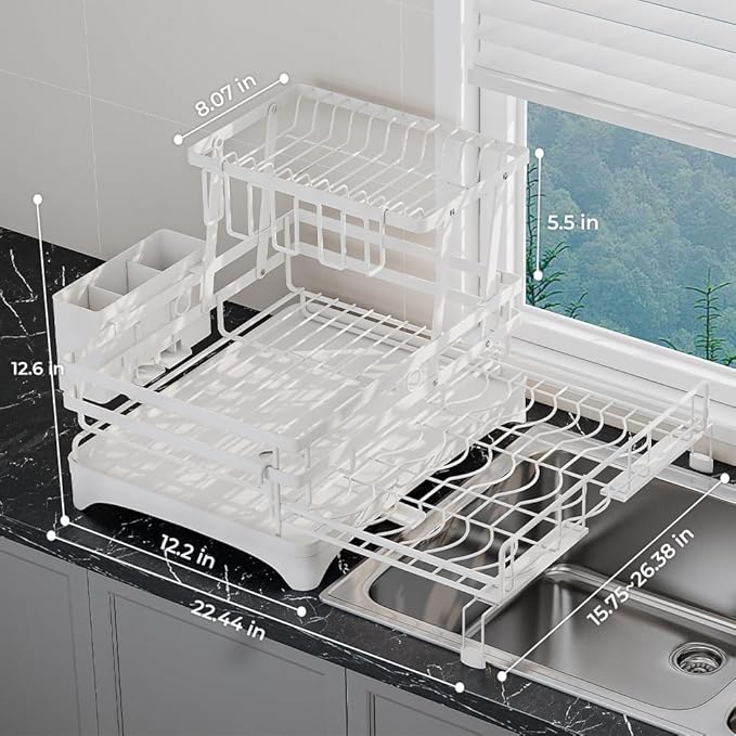 2 Tier Large Dish Drying Rack - Extendable Dish Rack, 2-in-1 Anti-Rust Stainless Steel Dishrack for Kitchen Counter and Sink, Dish Strainer with Utensil Holder & Cup Holder(White)