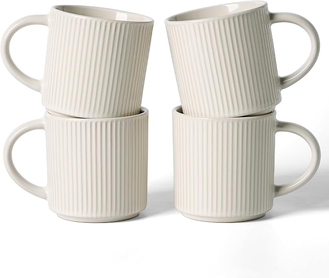 famiware Coffee Mug Set for 4, Star 12 oz Catering Mugs Cup Set with Handle for Coffee, Tea, Cocoa, Milk- Ceramic Stoneware Drinkware Set, Oat