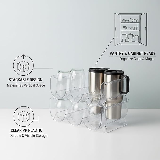 Stackable Cup Organizer Bin, Clear PP Plastic Vertical Storage Container for Kitchen Cabinet and Pantry (1 PC)