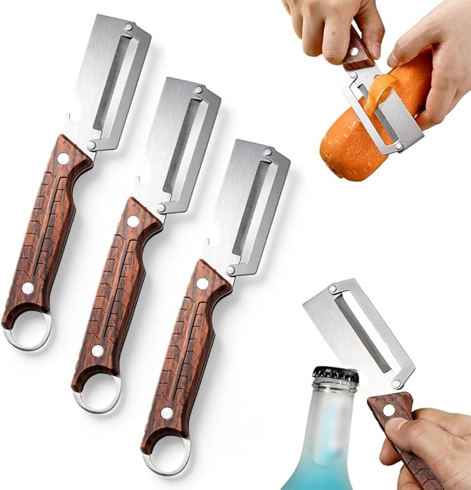 Premium Multi-Functional Vegetable Peeler for Kitchen, 2026 New Heavy Duty Stainless Steel Potato Peeler with Ergonomic Wooden Handle & Bottle Opener for Fruit and Vegetables (B-3Pcs)