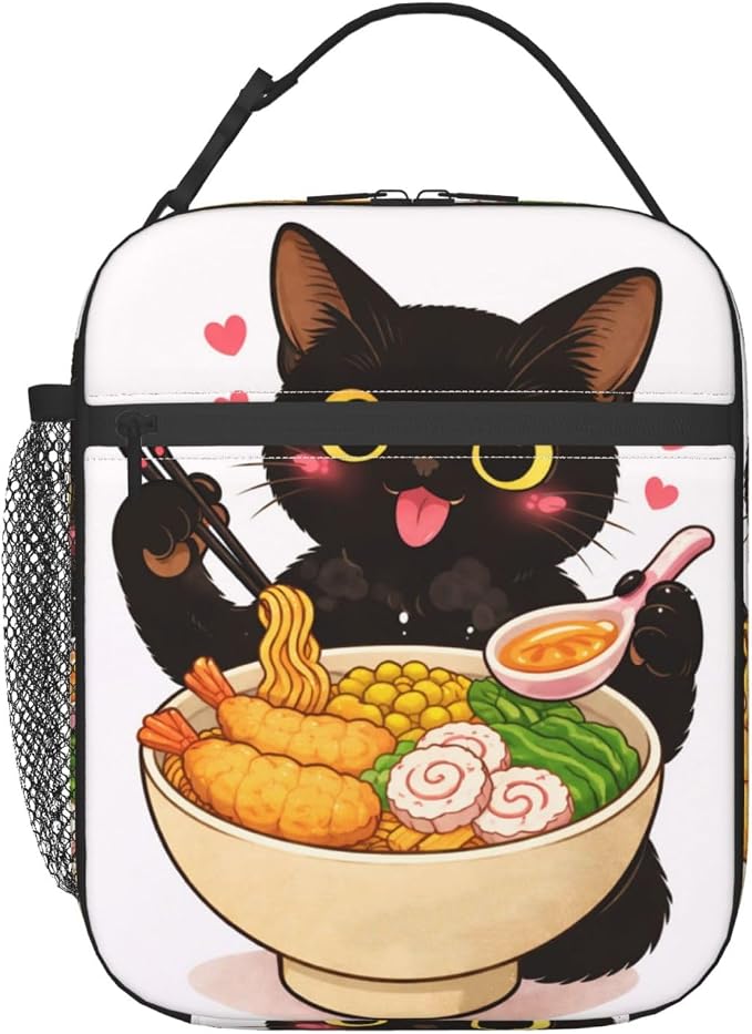 Black Cat Ramen Portable Lunch Bag, Insulated Lunch Box Reusable Totes for Women Men Adults, Lunchbag for Work Picnic Camping