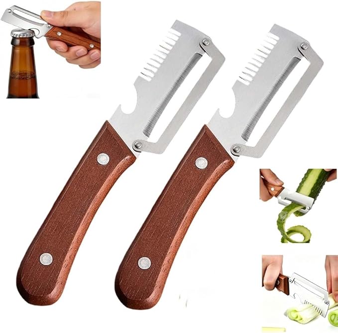 Multifunctional Vegetable Peeler,Sharp Stainless Steel Blade with Wooden Handle and Bottle Opener，2-in-1 Stainless Steel Kitchen Tool for Vegetables Fruits (2 PCS)