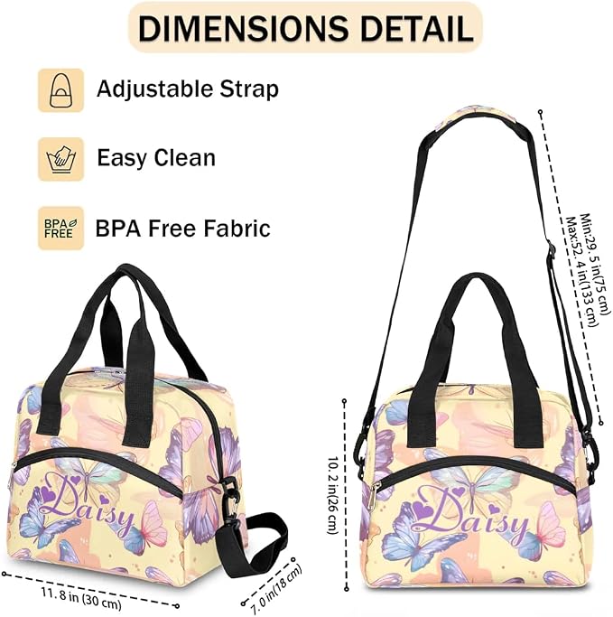 Personalized Butterfly Lunch-Bag for Women, Custom Insulated Cooler Lunch Box with Name, Leakproof-Reusable Lunch Tote Bag for Work Office Picnic - Yellow Purple