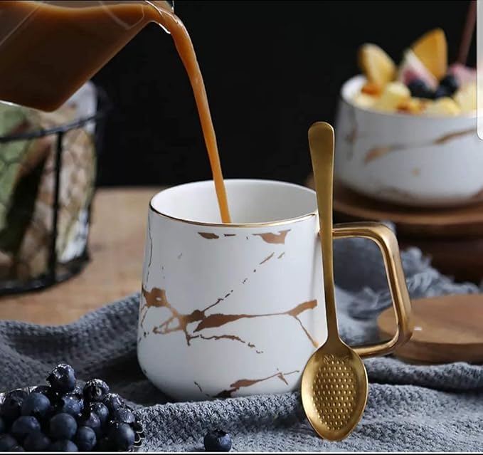 Classic Ceramic Kintsugi Style Coffee Tea Mug with Gold Inlay, Spoon and Bamboo Lid- 12 OZ, Set of 2- Large Mugs, Unique Design, Perfect Novelty Gift- Dishwasher Safe