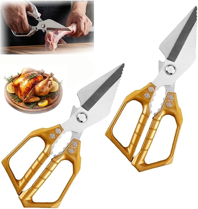 Heavy Duty Kitchen Scissors for Food with Ergonomic Anti-Slip Handle,Stainless Steel Chicken Bone Cutting Scissors Kitchen Tools,Poultry shears for Chicken, Meat, Seafood, Bone Cutting (Gold, 2PCS)