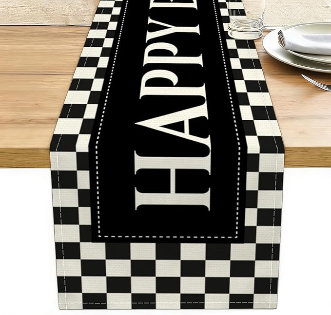 Black Checkered Happy Birthday Table Runner, Black and White Checkerboard Birthday Party Decorations 13x72 Inches Long Table Decor Suppliers for Home Racing Theme Party Decor