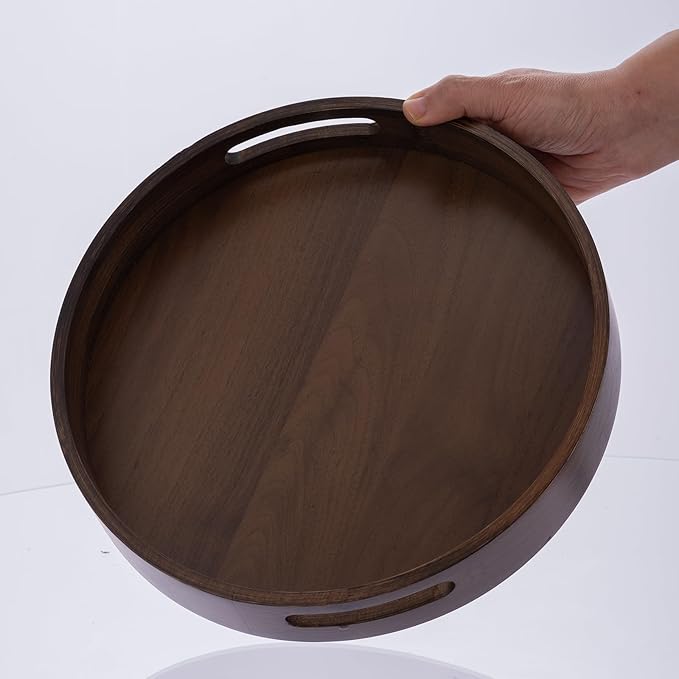Round Trays Home Decor, 11.8" Large Round Wood Tray for Ottoman Coffee Table Trays, Wooden Kitchen Serving Decorative Trays for Home Office Counter Serveware Organizer, Walnut