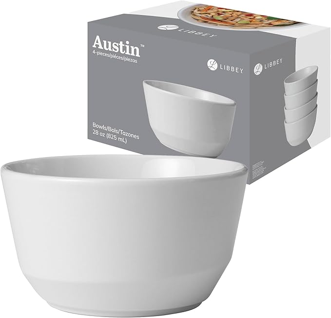Libbey Austin 28-Oz Porcelain Soup Salad Bowl - Minimalistic Pasta Bowls Set of 4 with Speckled Finish - Stackable Porcelain Bowls for Sides, Desserts