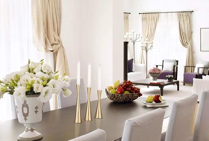 Vixdonos Brass Gold Taper Candlestick Holders Metal Candle Holders Set of 3 Table Mantel Decorative Candle Stand for Wedding, Dinning, Party,Home Decor (Gold)