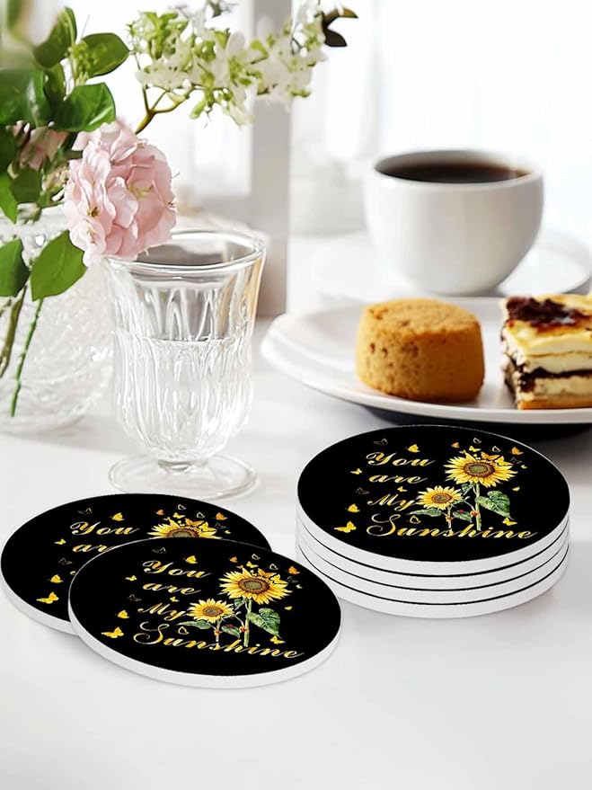 Coasters Set of 4 Sunflowers Drink Coasters with Holder Absorbent Stone Ceramic Cup Mat Black Butterfly You are My Sunshine Coaster for Drinks Coffee Bar Office Kitchen Cafe Home Decor