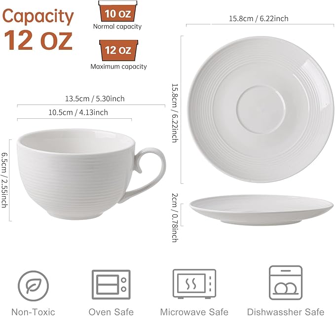 12 oz Cappuccino Cups with Saucers, Ceramic Espresso Coffee Cups Set of 4, White Latte Cup and Saucer, Elegant Tea Mugs Set, Microwave Dishwasher Safe Drinkware for Cafe, Housewarming Gift