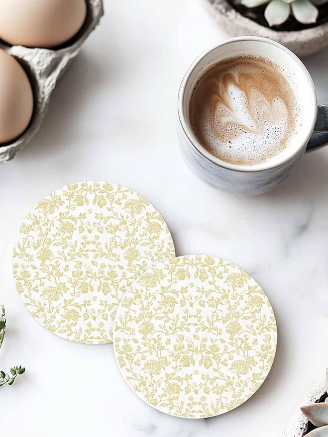 Drink Coasters Yellow Pastoral Flower Absorbent Stone Ceramic Coaster with Cork Back and NO Holder for Cups, Set of 4-Piece Farmhouse Floral Coasters for Drinks