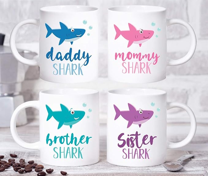 Andaz Press Baby Shark Family 11oz. Coffee Mug Gift Set, Mommy Daddy Brother Sister Shark, 4-Pack, Shark Do Do Do Gift Idea Birthday Christmas Gifts for Mother's Father's Day