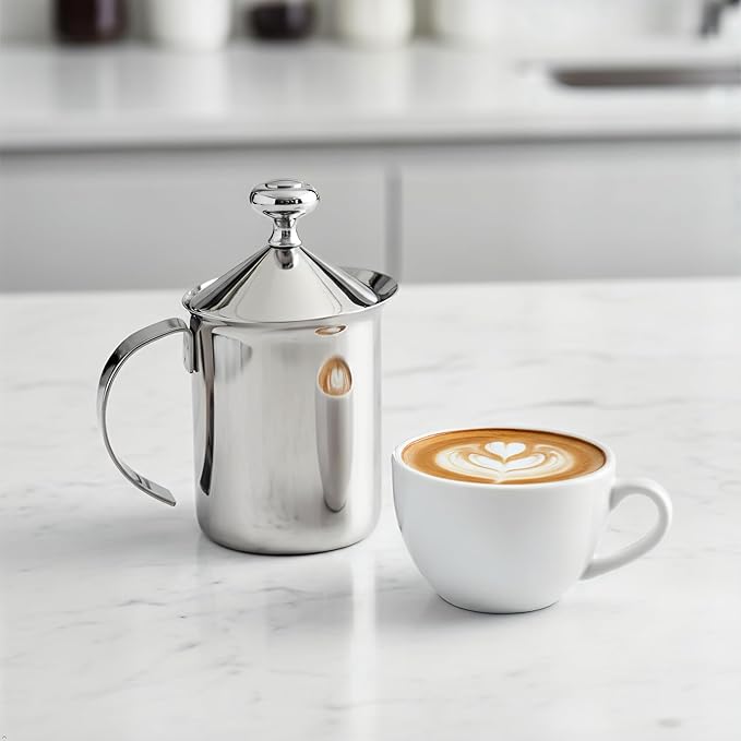 Fino Milk Creamer Frother Cappuccino Foam Pitcher with Handle and Lid, 18/8 Stainless Steel, 14-Ounce Capacity