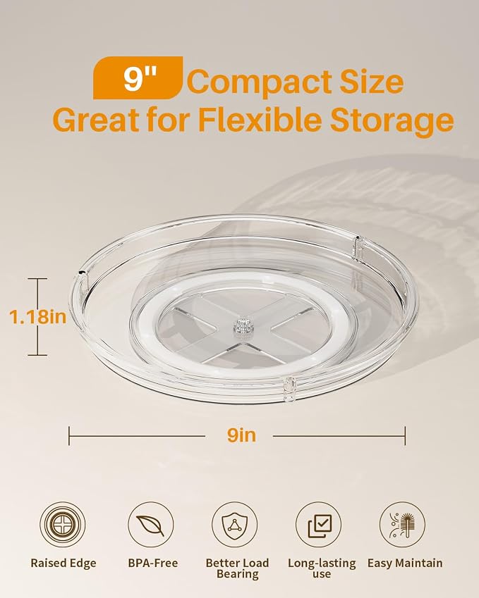 LAMU 2 Pack Lazy Susan Organizer 9 inch Lazy Susan Turntable for Cabinet, Rotating Spice Organization for Cabinet, Kitchen, Table Top, Countertop, Pantry Fridge Organizers and Storage, Clear