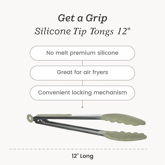 Starpack Get a Grip Silicone Kitchen Tongs (12 Inch) - LFGB Non Toxic, 600°F Heat Resistant, BPA-Free - Heavy-Duty Stainless Steel, Locking - Dishwasher Safe for Nonstick Cookware Sage Green
