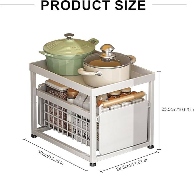 2 Tier Pull-out Storage Organizer, Slide Out Kitchen Cabinet Storage Sliding Shelves, Under Sink Organizers Drawer, Mesh Cabinet Basket with Handle for Bathroom, Home(White, Single Layer L)