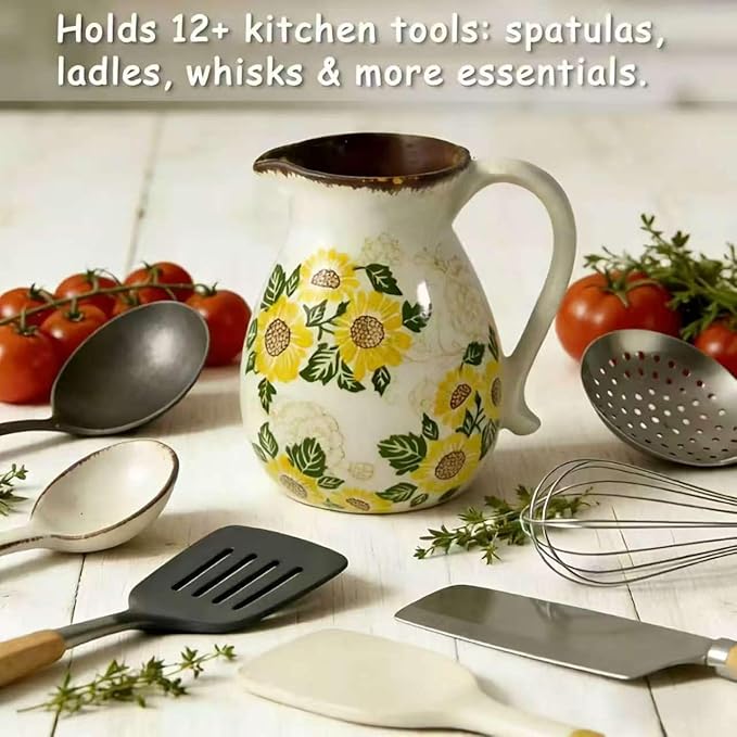 Rustic Ceramic Kitchen Utensil Holder, 6.1" Modern Farmhouse Cooking Utensil Holder for Kitchen Counter, Vintage Ceramic Utensil Organizer for Home Decor Floral Spoon Spatula Gift(Sunflower)