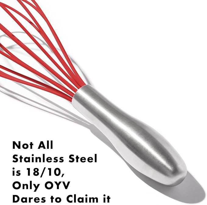 OYV 10-Inch Red Silicone Whisk, Heat Resistant 480°F Kitchen Whisk with Stainless Steel Ergonomic Handle, Non-Scratch for Nonstick Cookware, Dishwasher Safe, Perfect for Blending, Cooking & Beating