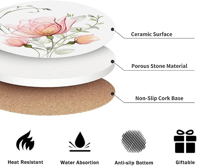 Drink Coasters for Drinks Set of 6, Watercolor X-ray Roses and Eucalyptus Absorbent Round Ceramic Stone Mat Coaster, with Cork Base and Metal Holder, Home Bar Decor House Warming Gift