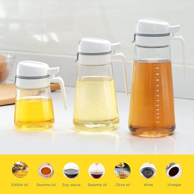Auto Flip Glass Olive Oil Dispenser Bottle With Scale - Clear 22oz Kitchen Cruet Set of 2