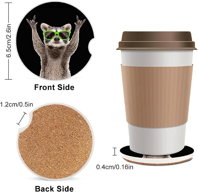 Funny Raccoon Absorbent Cup Holders Car Coasters,Ceramic Stone Drinks Coaster Set for Women Man 2.56"(2 Pack)