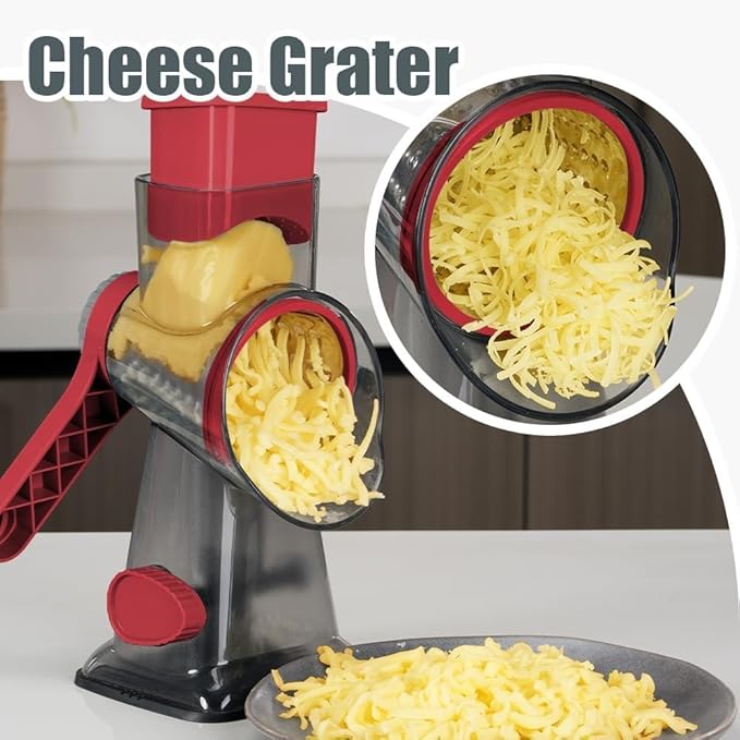 KEOUKE Rotary Cheese Grater Pro 6 in 1 - Shredder Crinkle Slicer Grinder Ice Shaver, Stable Suction, Time-saving Easy Use & Clean, Safe Morden Kitchen Tool for Cheese, Vegetable, Nuts, Chocolate