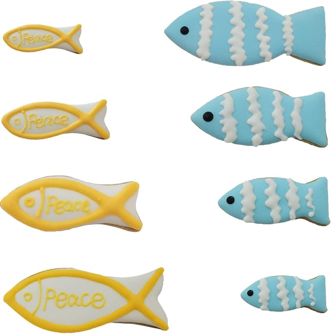 Fish Shaped Cookie Cutter Set of 8 pcs, Stainless Steel Jesus Fish Fondant Cutters (4 pcs Flat Tail + 4 pcs Fork Tail)