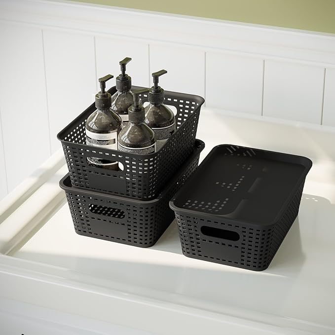 Resze 6-Pack Plastic Storage Bins with Lids, Stackable Organizer Baskets & Containers for Pantry, Kitchen, Cabinet, Closet, Bathroom Organization Toys, Space Saving, Easy-Carry Handles,Black