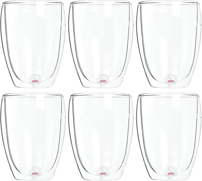 Bodum 12oz Pavina Double Wall Insulated Tumbler, High-Heat Borosilicate Glass, Set of 6, Clear