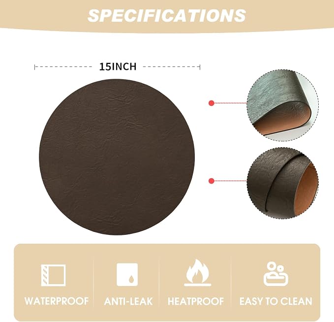 Artoid Mode Coffee Faux Leather Placemats Set of 4, 15 Inch Waterproof Wipeable Heat Resistant Vinyl Place Mats, Reversible Table Mats for Kitchen Dining Decor